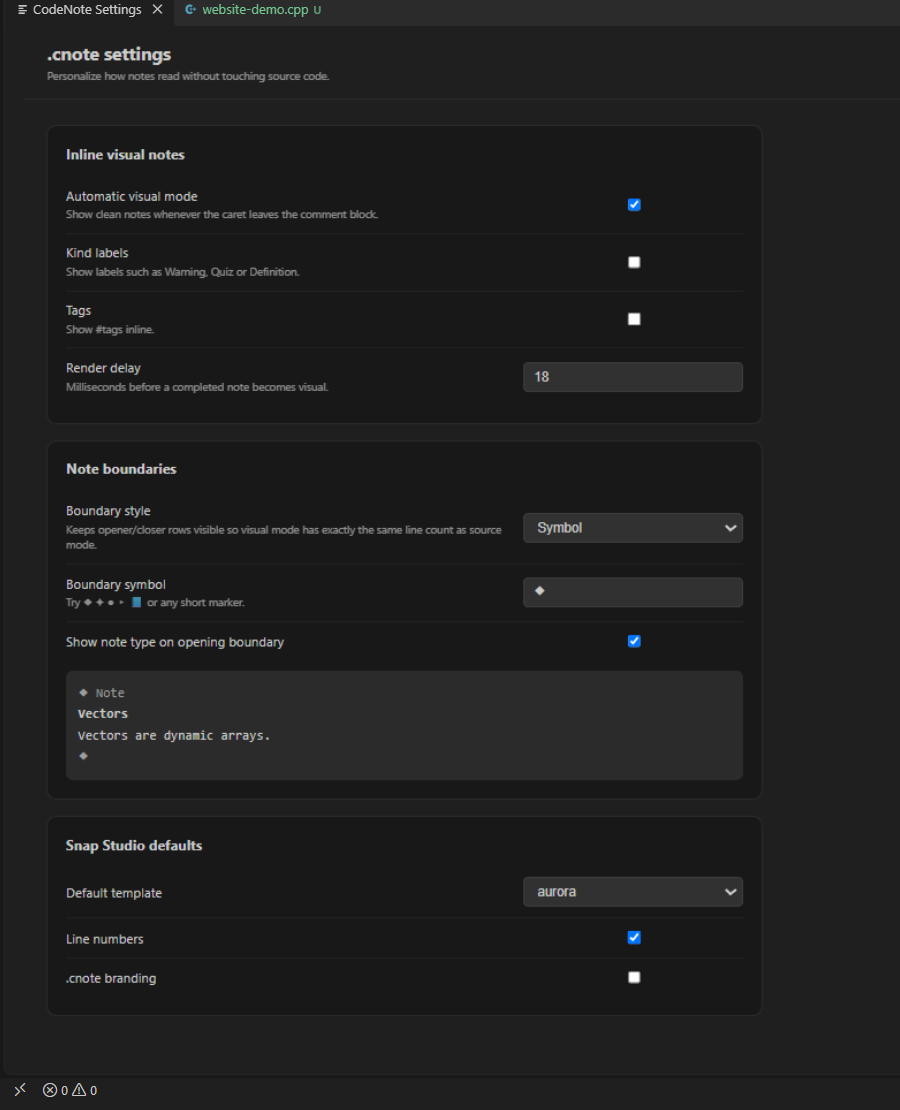 Actual .cnote settings panel with inline visual mode, note boundaries, and Snap Studio defaults.