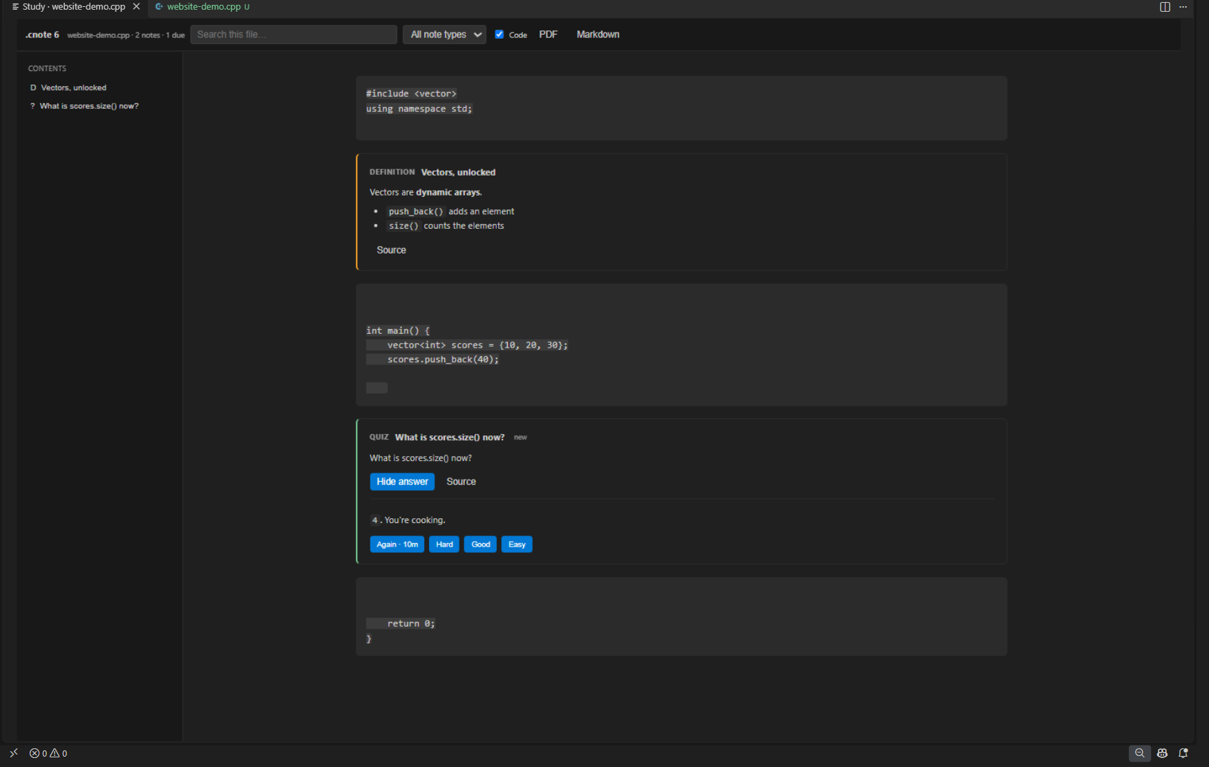 Real .cnote Notebook showing note navigation, C++ code, a definition, and a quiz with review grades.