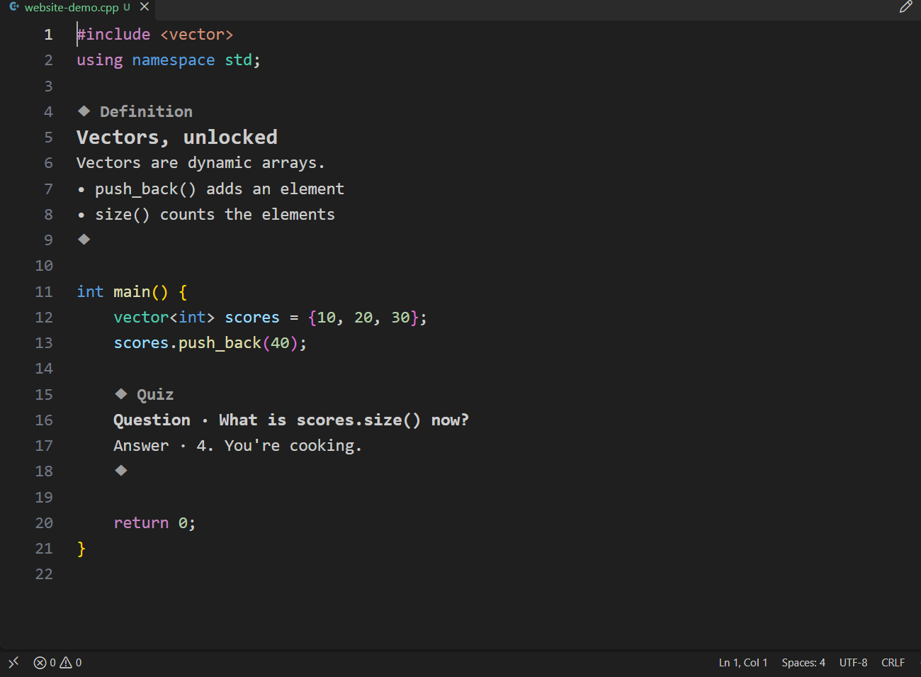 Actual VS Code editor showing a visual definition and quiz alongside C++ code, with original line numbers.